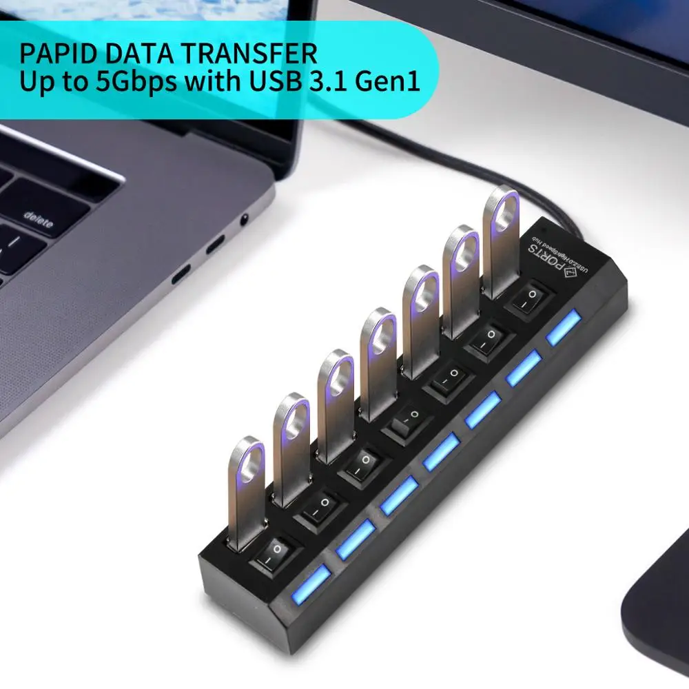 7-портовый USB-Разветвитель USB 2 0 3 хаб с выключателем питания высокоскоростной