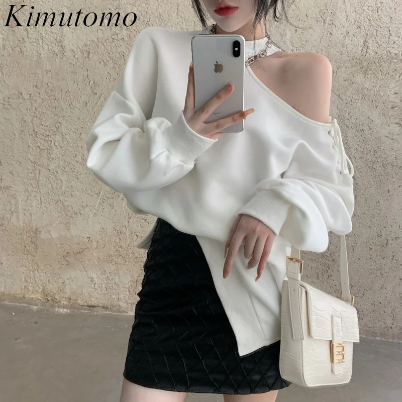 

Kimutomo 2021 Spring Autumn Women Sweet Sets Carefully Designed Loose Solid Color Sweater PU Half-Length Leather Skirt Two-Piece