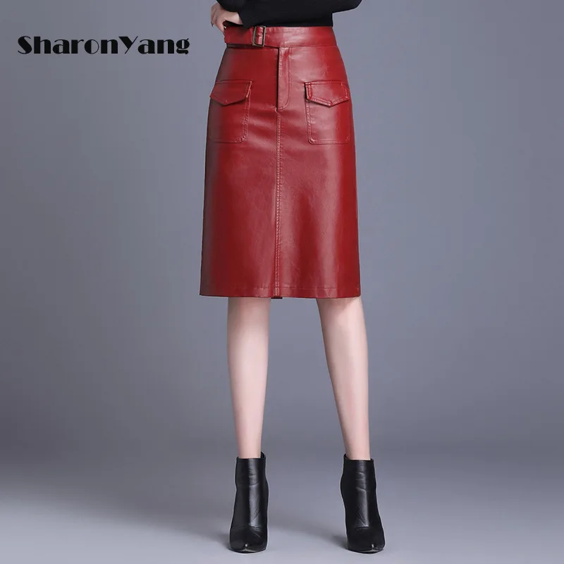 

Leather Skirt Women 2021 New Spring Autumn Straightshort Skirt Solid Color Casual PU Leather Knee Length Skirt Ladies Plus Size