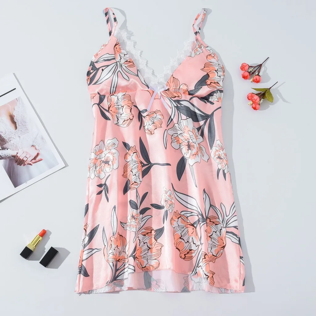 Новинка Женская кружевная ночная рубашка атласный цветочный принт V-образный