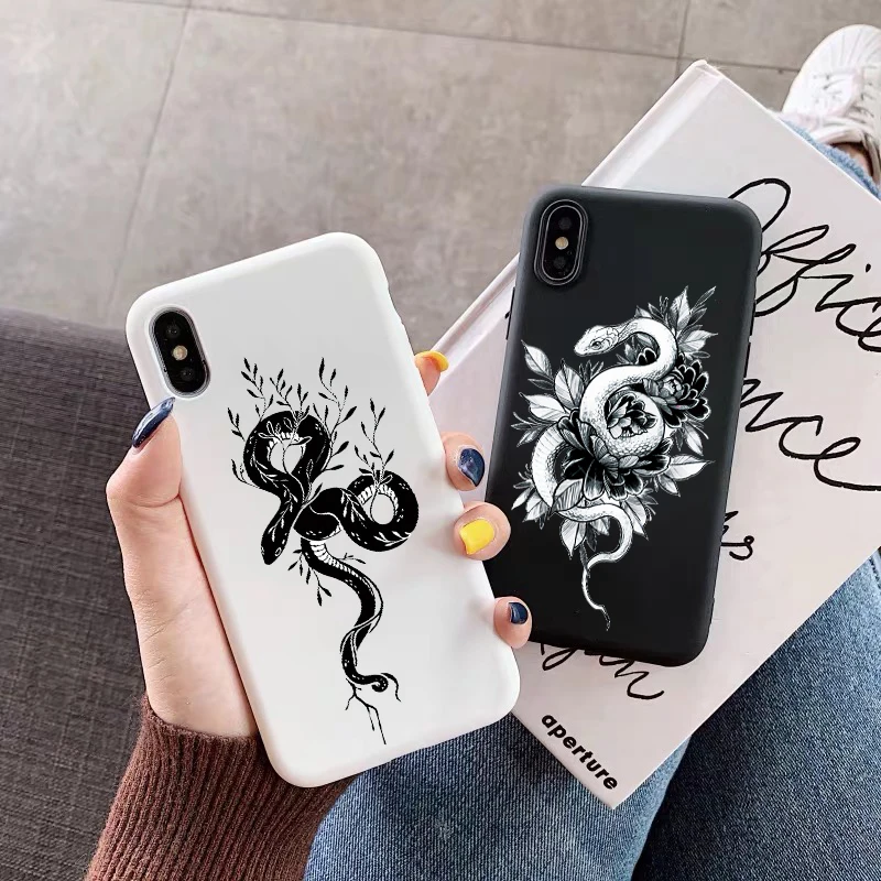 

Snake Black Silicone Flower Phone Case For iPhone 12 XR XS Max SE2020 6 6S 7 8 PLUS X 11Pro Max 11 Mini Soft Cover Shell