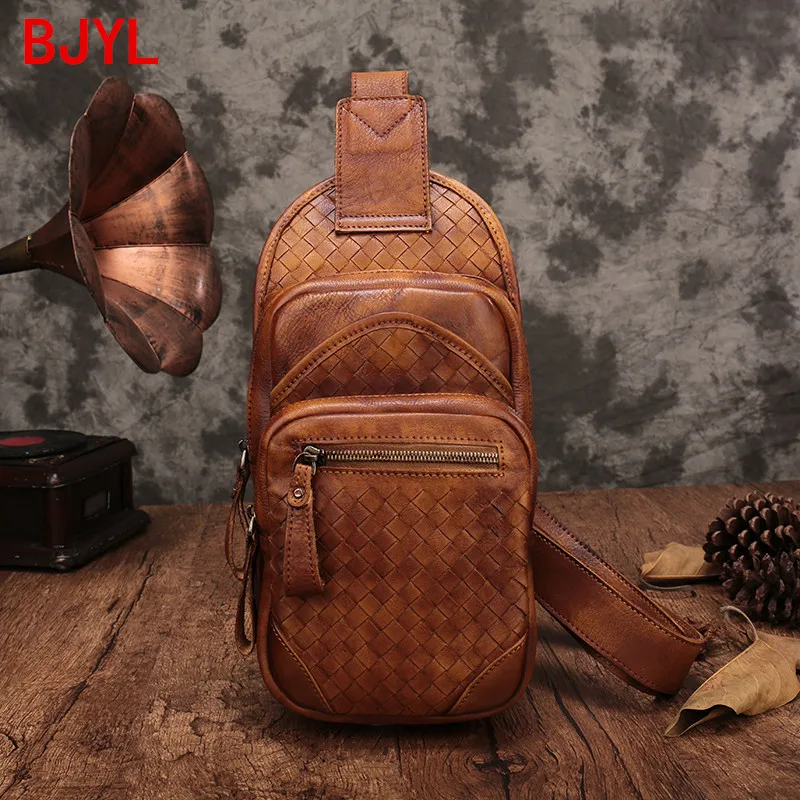 2020 New Vintage Men s Leather Chest Bag Men Casual Woven Leather Chest Bag Male Retro Small Shoulder Messenger Bags Soft Cotton