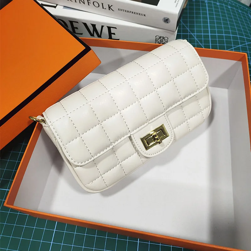 

Luxury Lady Genuine Leather Bags Designer Plaid Chains Crossbody Bags Women Fashion Black/White/Purple Party Small Shoulder Bag