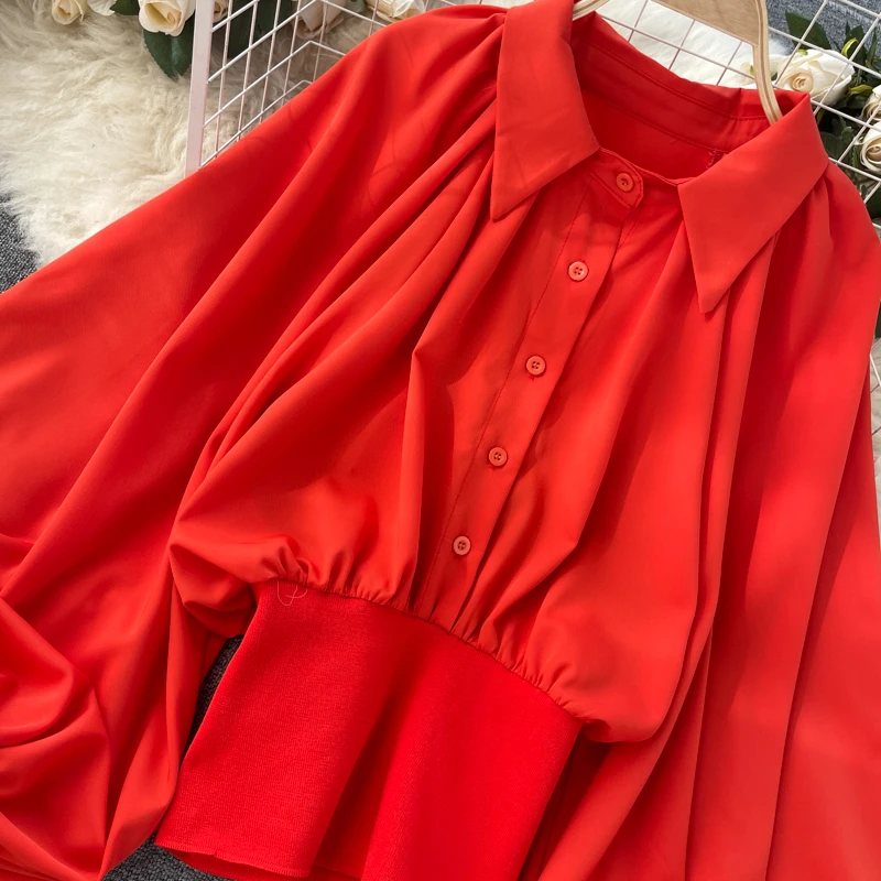 Женская шикарная блузка с рукавами-фонариками и лацканами модная свободная