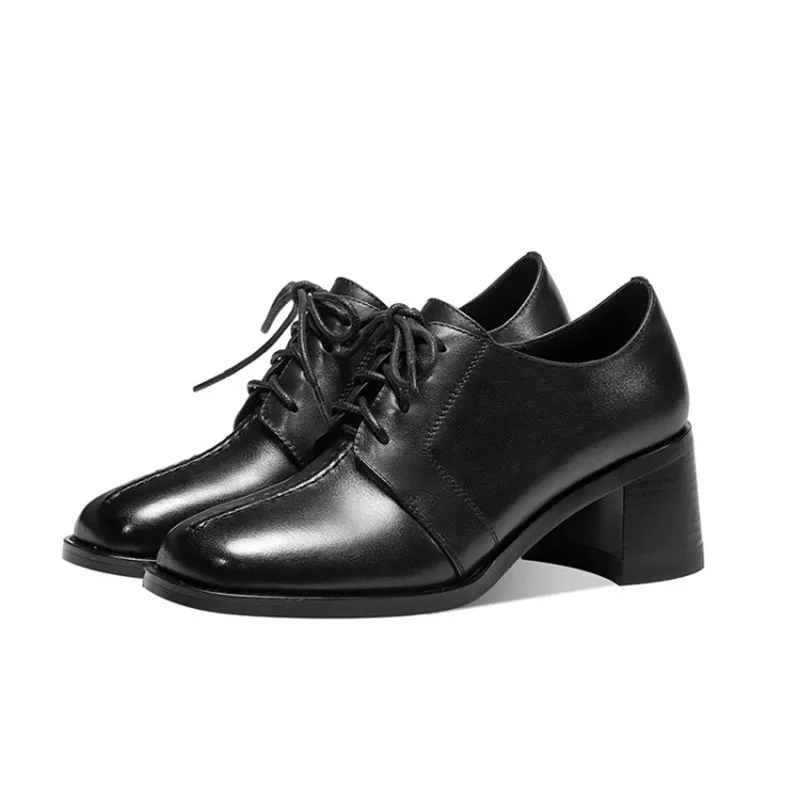 

GPOKHDS 2021 Women Pumps Soft Cow leather Autumn Spring Lace Up Black Color Square Heel Round toe High Heels Pumps Size 40