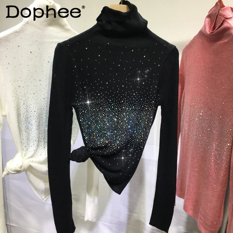 

Hot Drilling Black High Collar Sweater Women Slim Fit Slimming Warm Long Sleeve Inner Wear Bottoming Top Autumn Winter Sweater