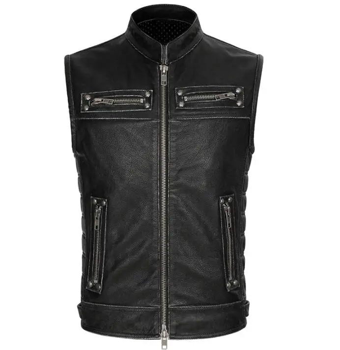 

Mens Real Stand Collar Motorcycle Biker Waistcoat Vest Genuine Leather Cowhide Vintage Zipper Pockets Sleeveless Jackets