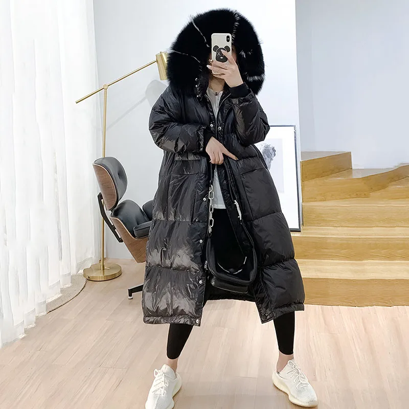 Женский пуховик с капюшоном длинная свободная теплая парка на белом утином пуху