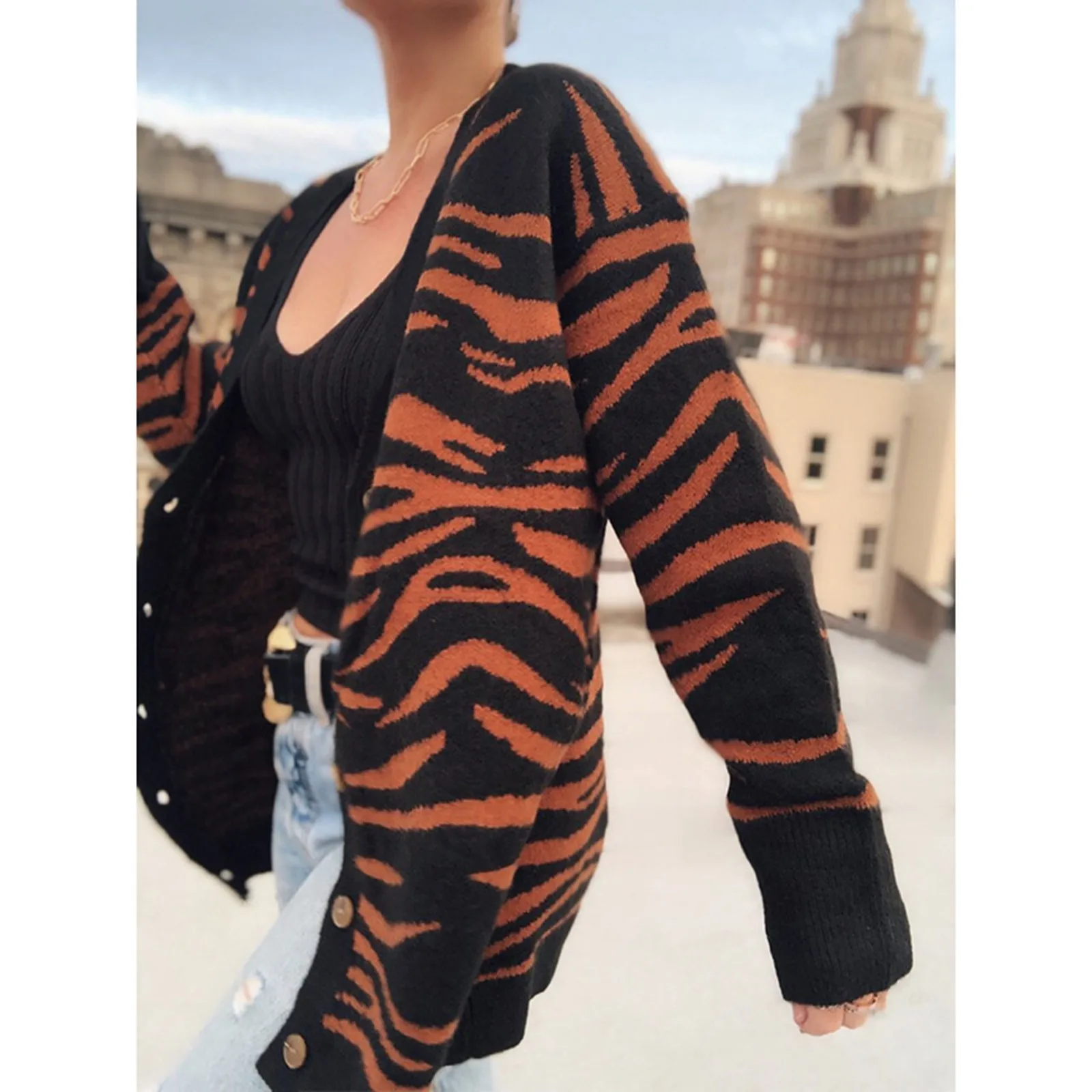 Женский Осенний вязаный кардиган свободные свитера с длинным рукавом и принтом