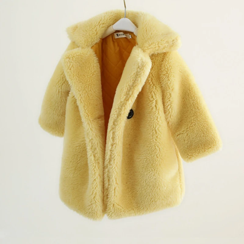 yellow Зимнее пальто для девочек; пальто с искусственным мехом; элегантная теплая куртка с отложным воротником для малышей; длинное пальто для девочек; детская верхняя одежда - Цвет: yellow
