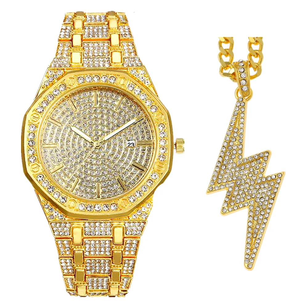 

Iced Out Watch Necklace for Men 2pcs Luxury Diamond Watch Men Blinged Out Fashion Jewelry Set Gold Watch Lightning Pendant Clock
