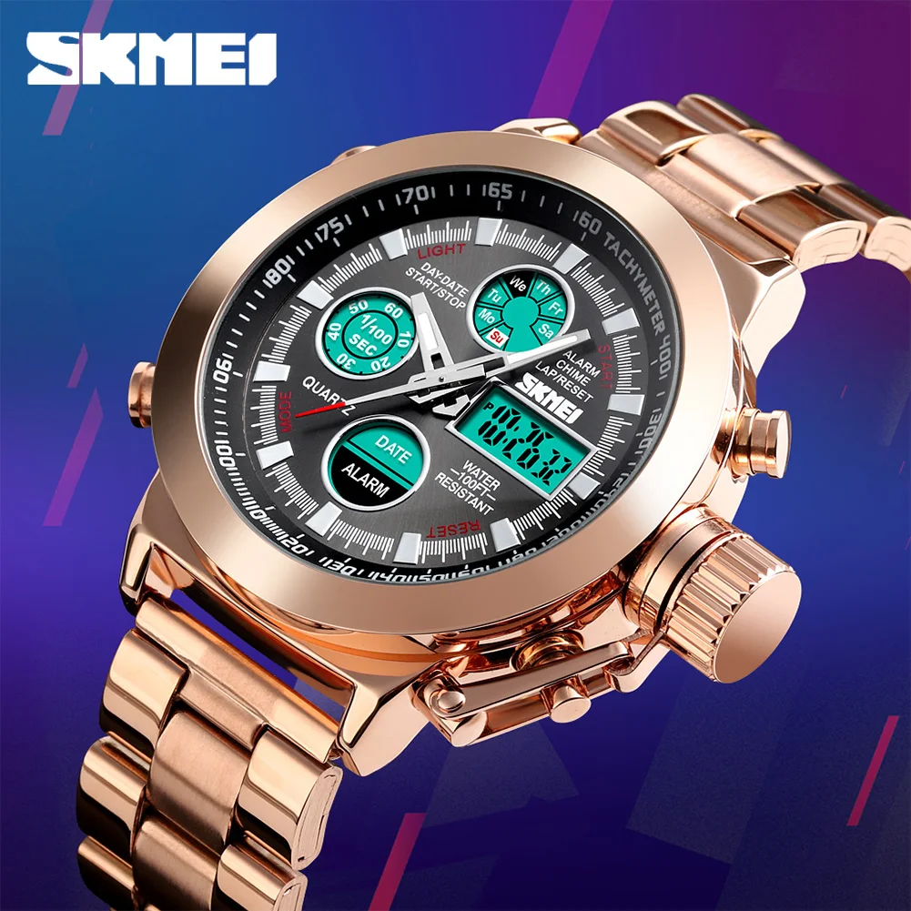 SKMEI Dual Display Men Digital Watch Luminours Waterproof Stainless Steel Large Dial Luxury Sport Wrist Watch reloj hombre 1515