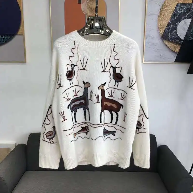 

Свитера с вышивкой, женские вязаные пуловеры с круглым вырезом, свитера с длинными рукавами, осенне-зимние свободные пуловеры, теплая верхн...