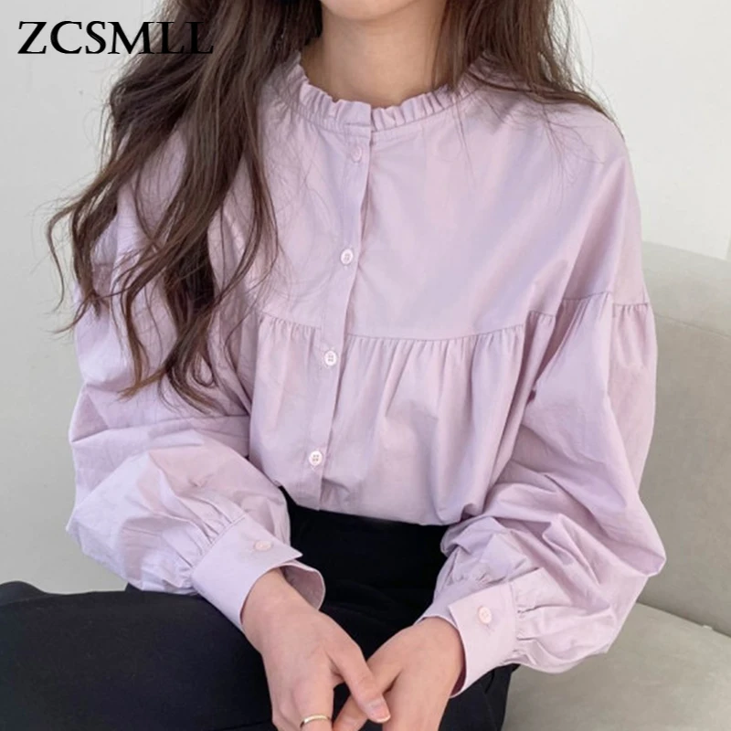 

ZCSMLL Women's Round Neck Blouse with Wooden Ears and Loose Puff Sleeve Shirts At The Front and Back 2021 Spring Summer Fashion