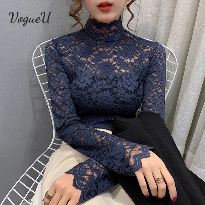 

Slim Long-Sleeved T-Shirt Spring And Summer Hollow Silk Bottoming Shirt Top Sexy Lace Top For Women Solid Sweet Tops 2021 New