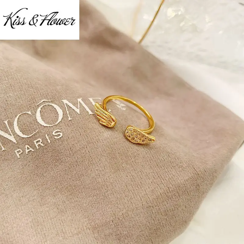 

KISS&FLOWER RI146 Fine Jewelry Wholesale Fashion Woman Girl Bride Birthday Wedding Gift Wing AAA Zircon 24KT Gold Resizable Ring