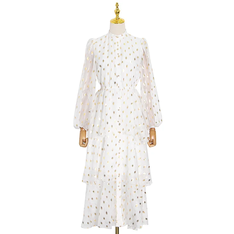 

New fashion stand collar wave dot single-breasted ruffled cake long micro-transparent dress 28296