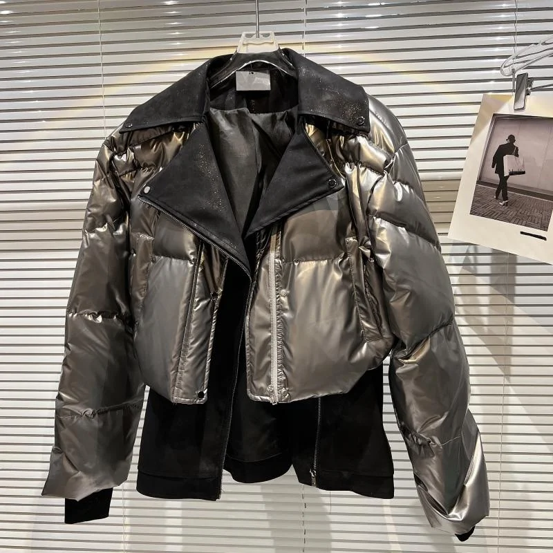

ZCSMLL Women Glossy Stitching Leather Personality Down Jacket New Arrivals Long Sleeve Fashion Autumn Winter 2021