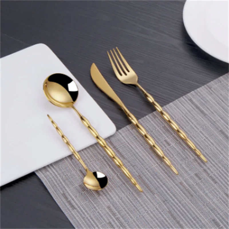 

304Stainless Steel Western Food Tableware Household Spiral Long Handle Steak Knife Fork Mushroom Soup Spoon Kitchen Tableware