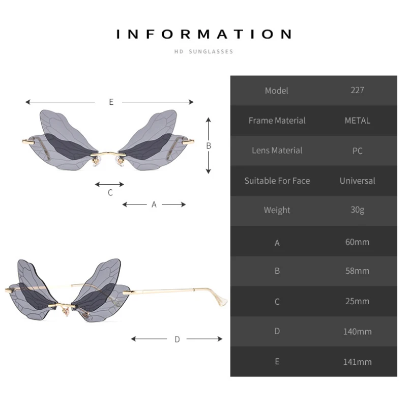 UV400 Rimless Sunglasses for Women and Men - Fashion Butterfly and Dragonfly Wings Design, Outdoor Mirror Sun Glasses image 2