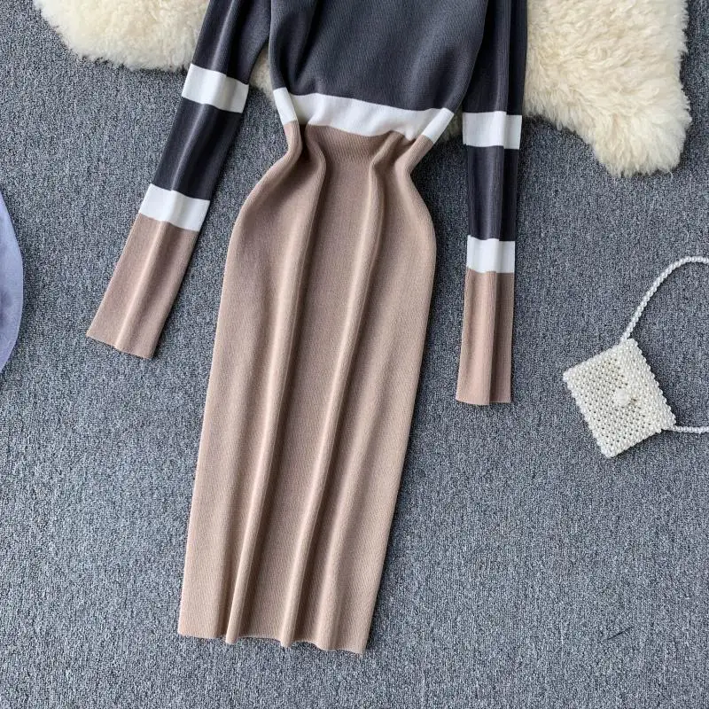 ALPHALMODA осенне-зимнее женское трикотажное платье хит цвета новое ретро с высокой талией цветное с длинным рукавом тонкое трикотажное цельное платье
