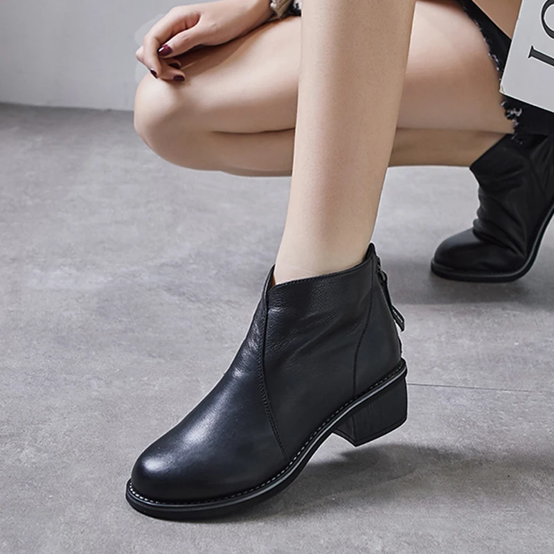 Модные ботинки женские ботильоны из натуральной кожи черная элегантная женская
