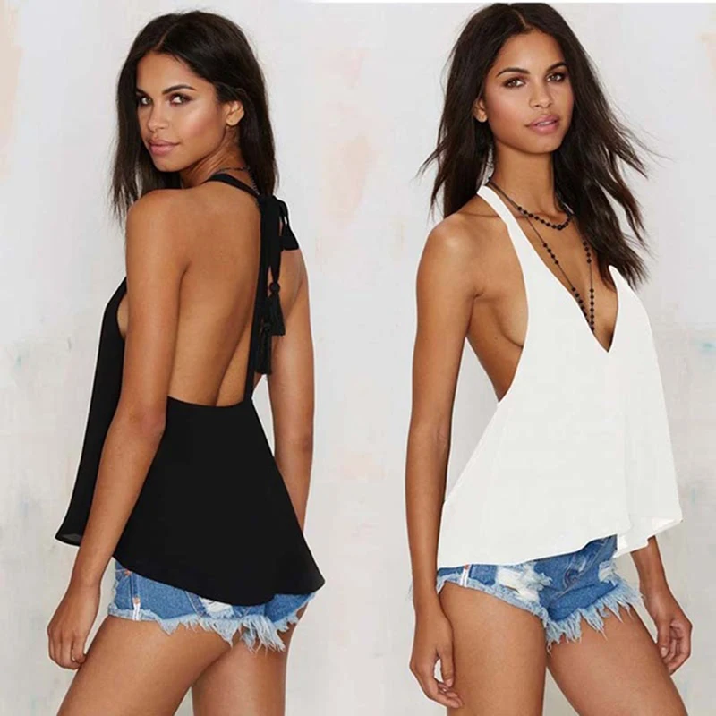 

Sexy Deep V-Neck Backless Tank Top Women Chiffon Tops Summer Sleeveless Shirt Camis Female Tops Vest