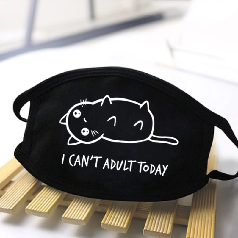 

Kawaii Cat Dustproof Mouth Face Mask I Can't Adult Today Black Anti-dust Soft Face Masks Harajuku Men Women Mouth-Muffle masque