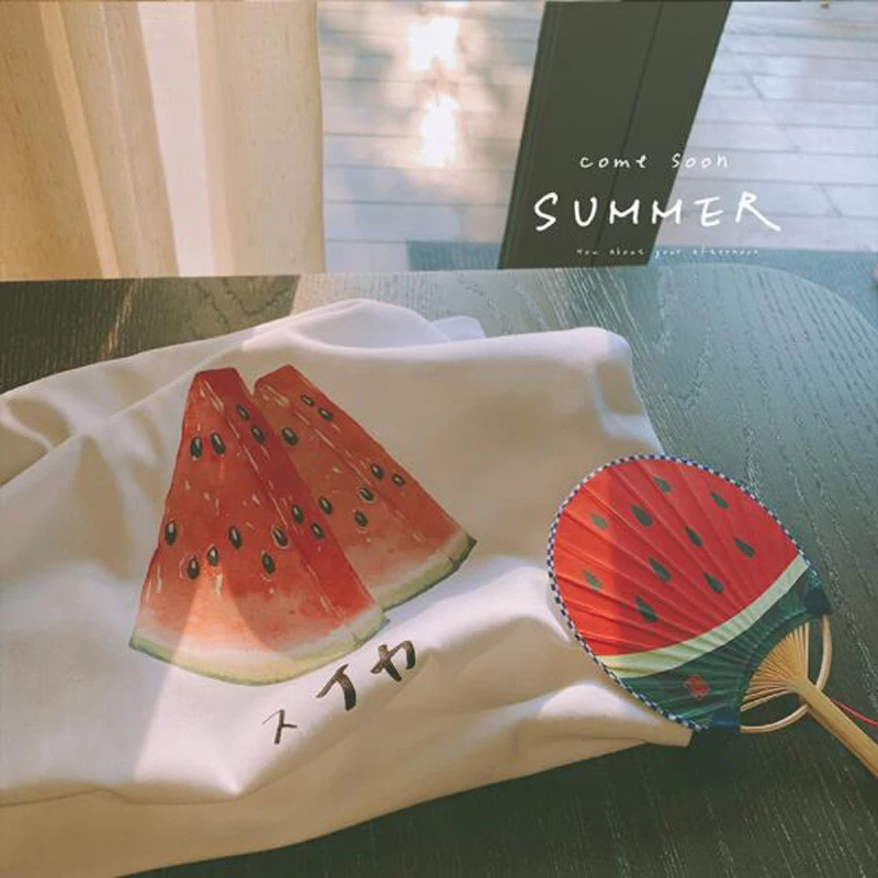 

Watermelon Print T shirts Women Spring Summer New Short Sleeve O Collar T shirt Women Cotton Material Tshirts Women