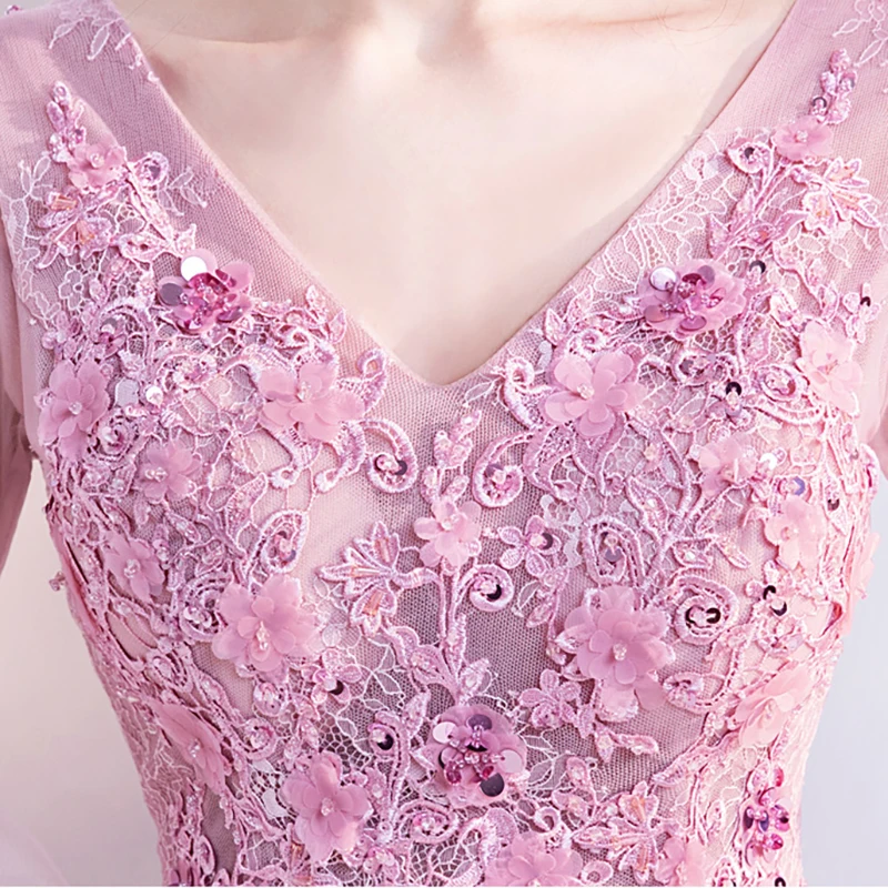 

Pink Luxury Party Dress Appliques Beading Embroidery Sequined There Quarter Illusion V-Neck Women Formal Evening Dresses TS111