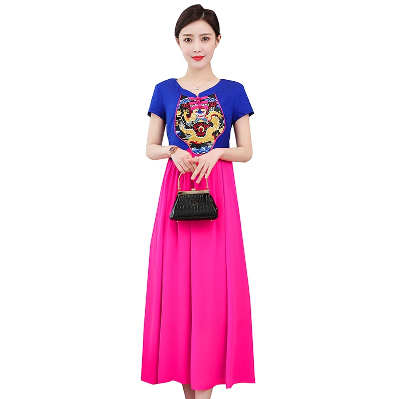 

COIGARSAM 4XL Plus Size National Wind Patchwork Women Long dress New Summer Vintage Cotton Linen Embroidery Dresses Yellow Blue