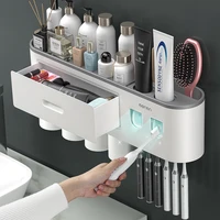 inverted toothbrush holder magnetic double automatic toothpaste dispenser wringer arm shelf