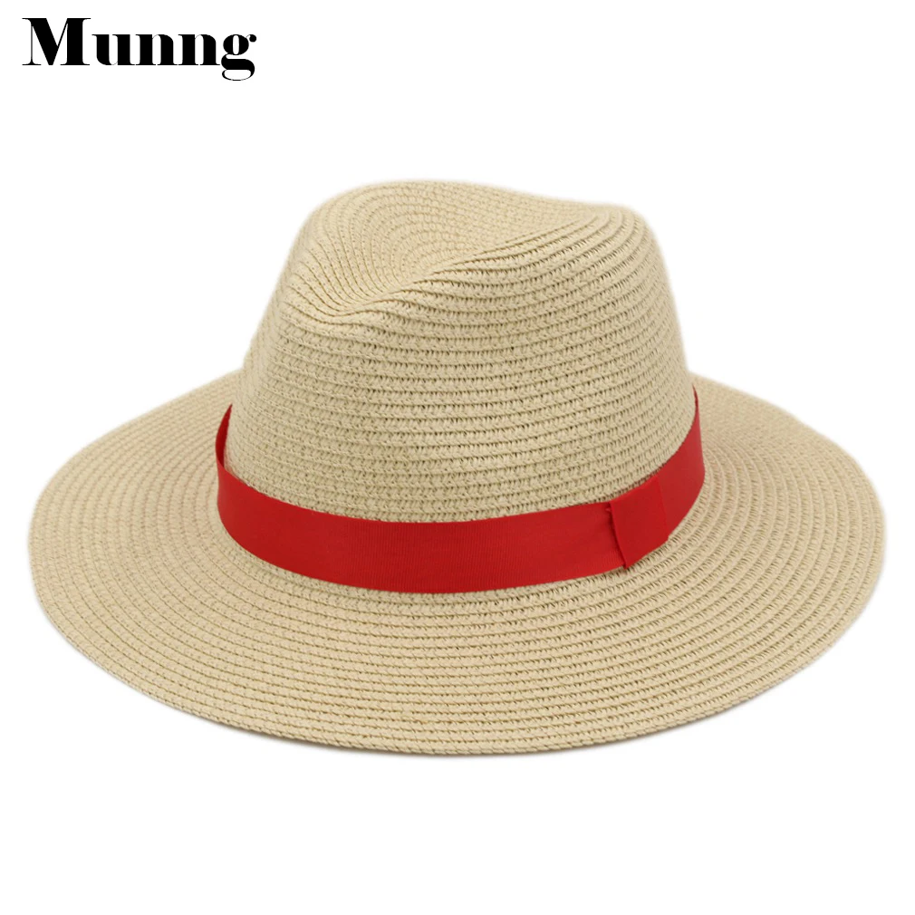 

Munng Summer Floppy Panama Straw Hat Church Cap Wide Brim Beach Sun Hat Red