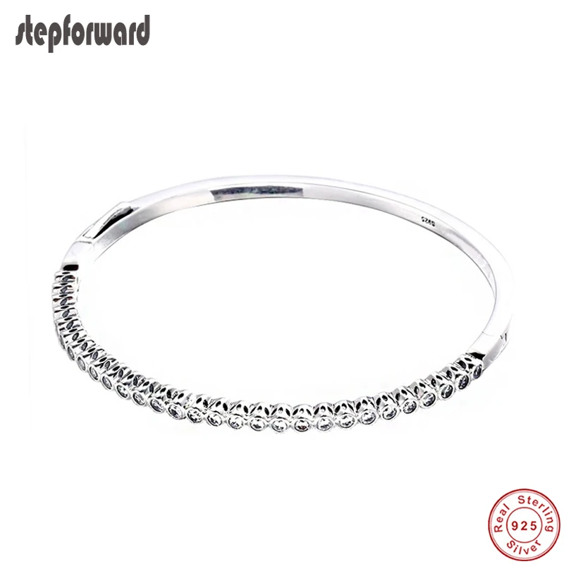 

STEP FORWARD S925 Real Silver Bracelets For Women Luxury CZ Paved Bangle New Fashion Bracelet with Stone Valentine's Day Gift