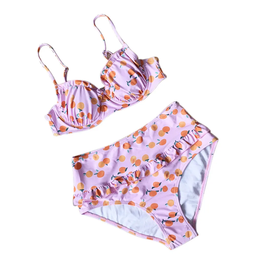 Женский купальник-бикини с принтом Вишни из двух частей плиссированный