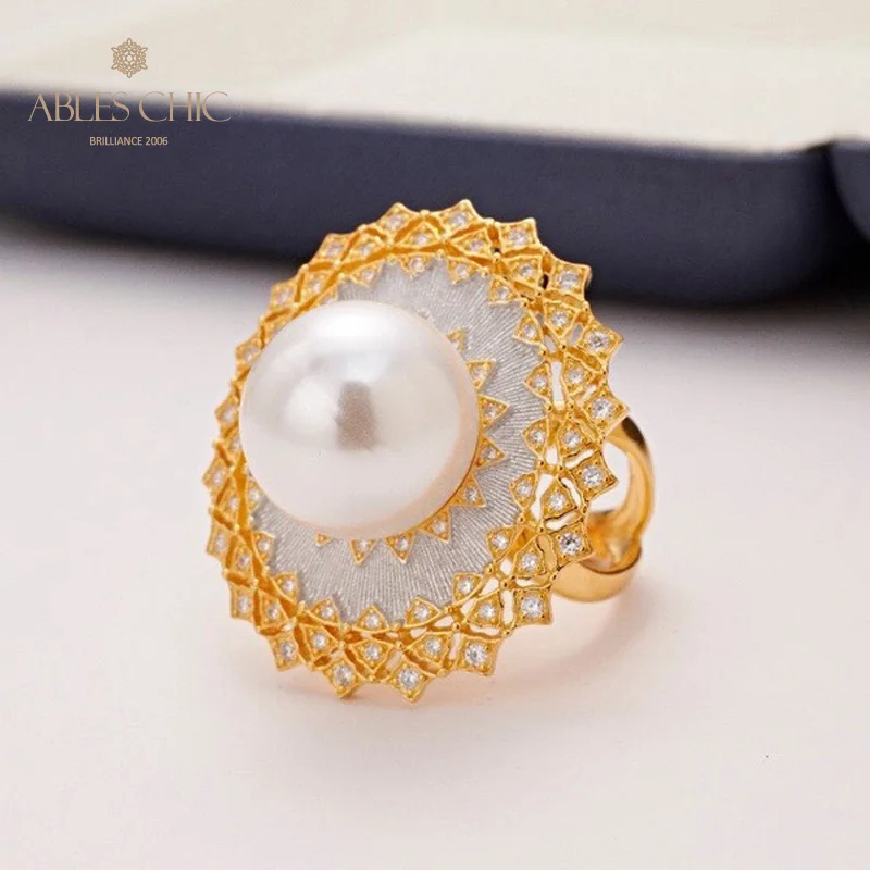 18K Gold Tone Shell Pearl Delicate Fretwork Renaissance Ring Solid 925 Silver Paved Zircons Big Wedding Rings C11R1S25732