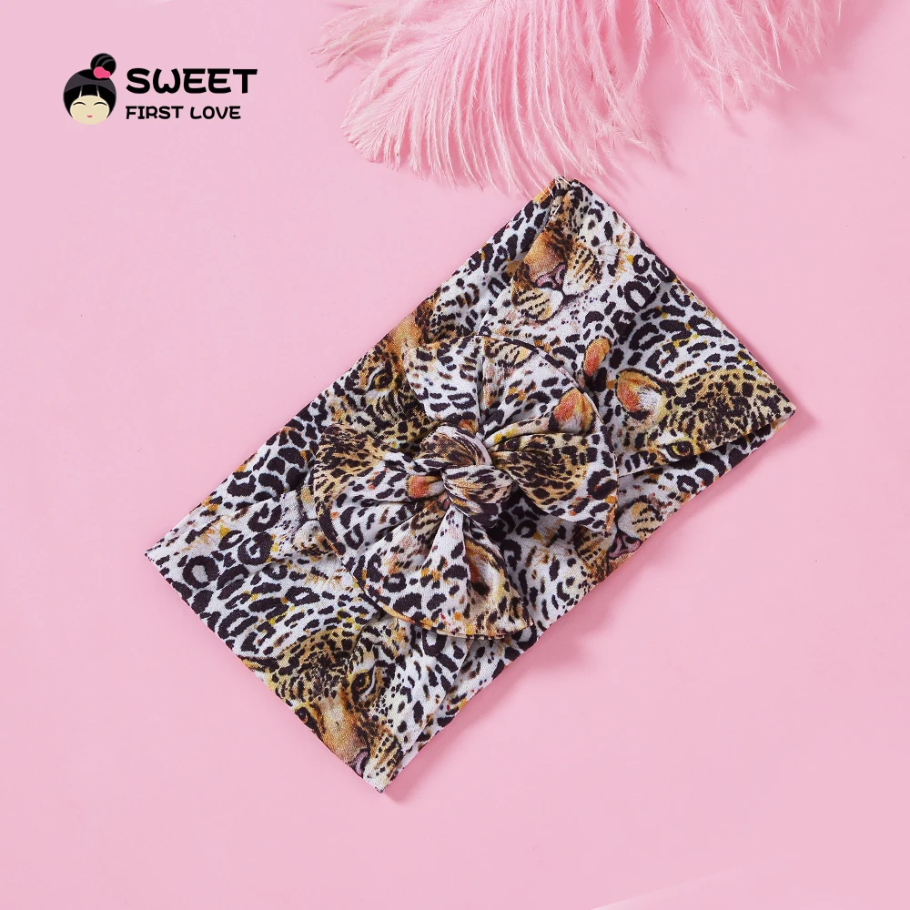 Нейлоновые повязки на голову с леопардовым принтом широкие большим бантом