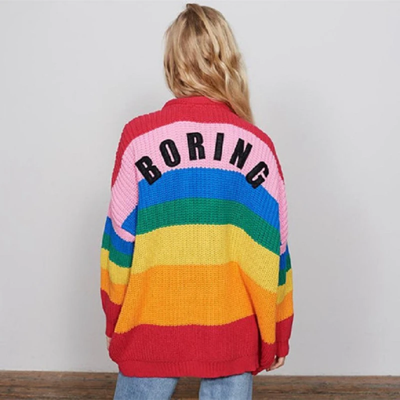 

2020 New Fashion Women's Knit Female Cardigan Rainbow Color Stripe Loose Button Sweater Coat Letter Print V Neck Women Jacket