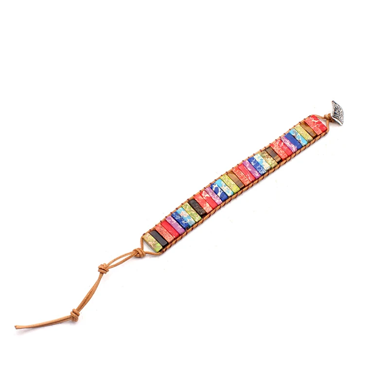 Чакра 7 цветной плетеный браслет из натурального камня Регулируемая кожа в