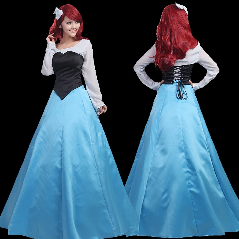 

Movie Mermaid Cosplay Princess Ariel Costume Adult Women Long Sleeves Party Dress Fancy Halloween Carnival Ball Gown