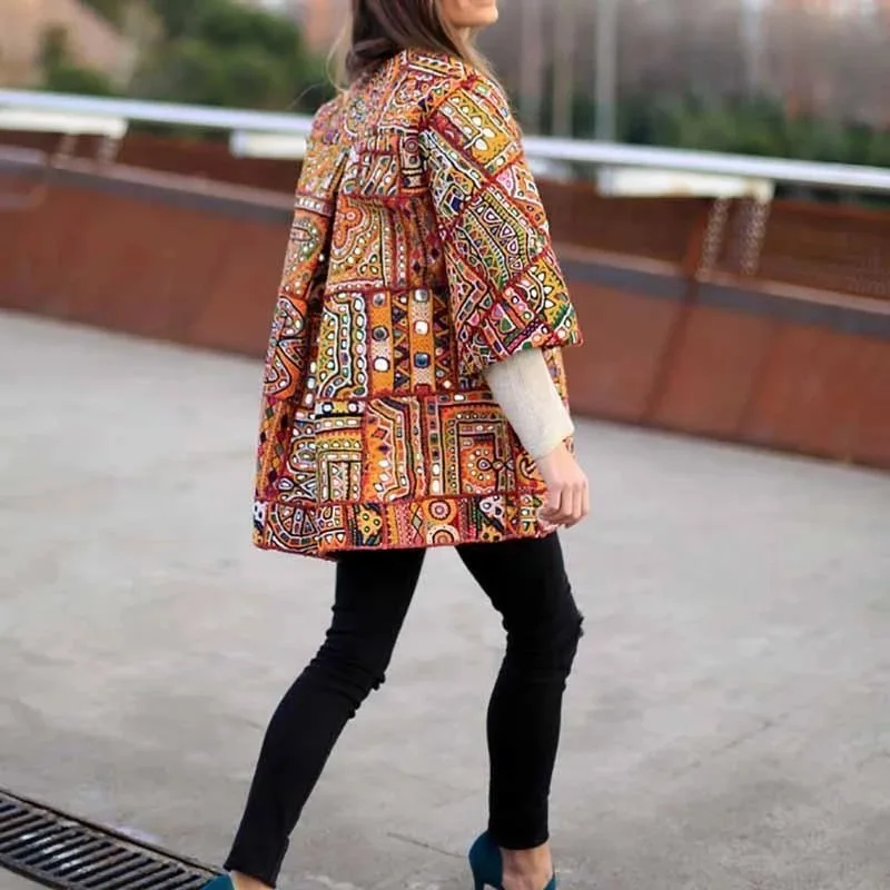 

Coat Female 2019 Autumn Winter Women Outerwear Tribal Print Office Women Coats Jackets Ladies Casual Vintage Long Sleeve Coat