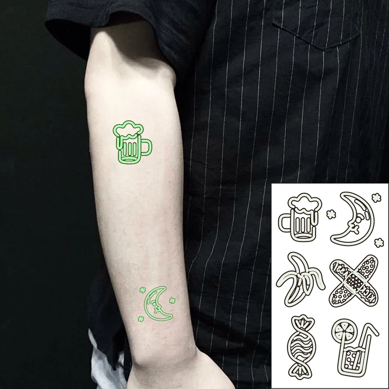 Waterproof Temporary Luminous Tattoo Sticker Moon Banana Cup Candy Cartoon Band Aid Flash Tatoo Fake Tatto for Kids Women Men |