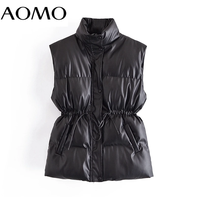 

AOMO, женский черный жилет из искусственной кожи без рукавов, толстые парки, зима 2021, женское теплое элегантное пальто QN32A