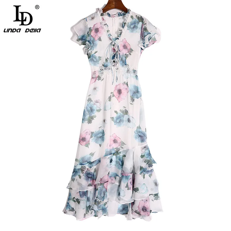 

LD LINDA DELLA New 2021 Summer Fashion Runway Chiffon Dresses Women'sV-neck Floral print Ruffles Elegant Vacation Midi Dress