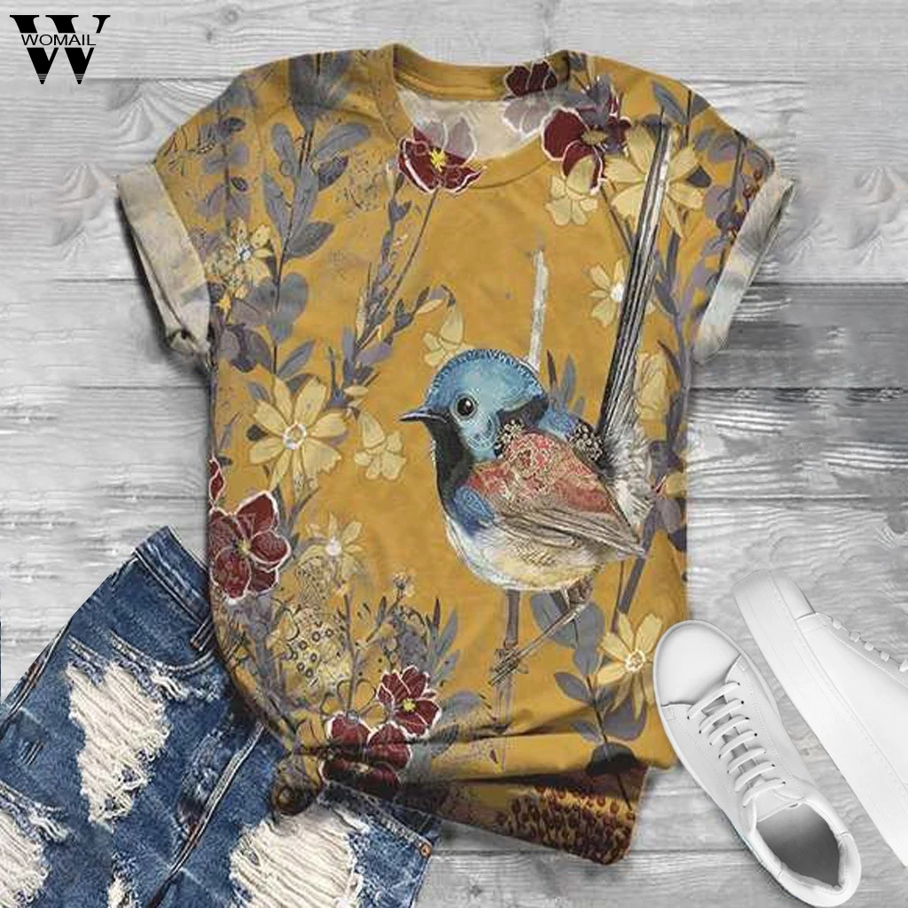 Женская футболка с коротким рукавом 3D принт животных птицы цветочные узоры лето