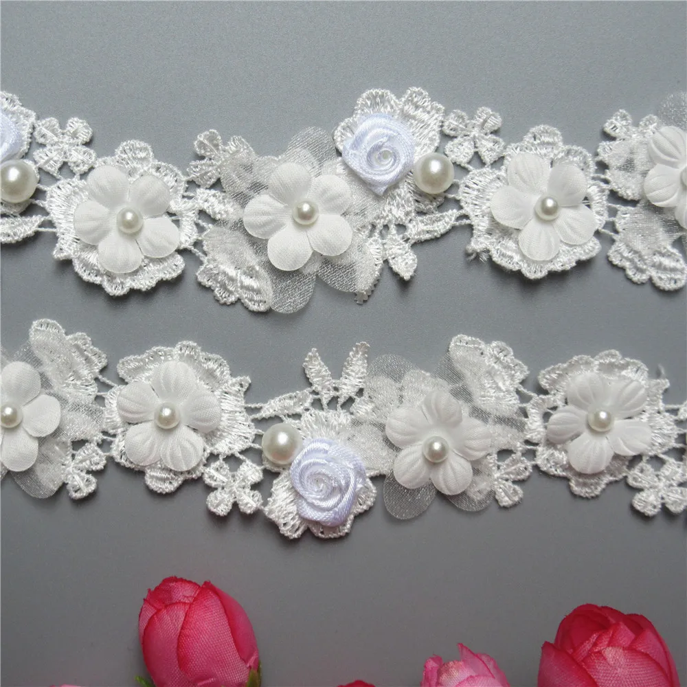 1 ярд Белый многослойный вышитый цветок розы кружевная отделка края Лента ткань