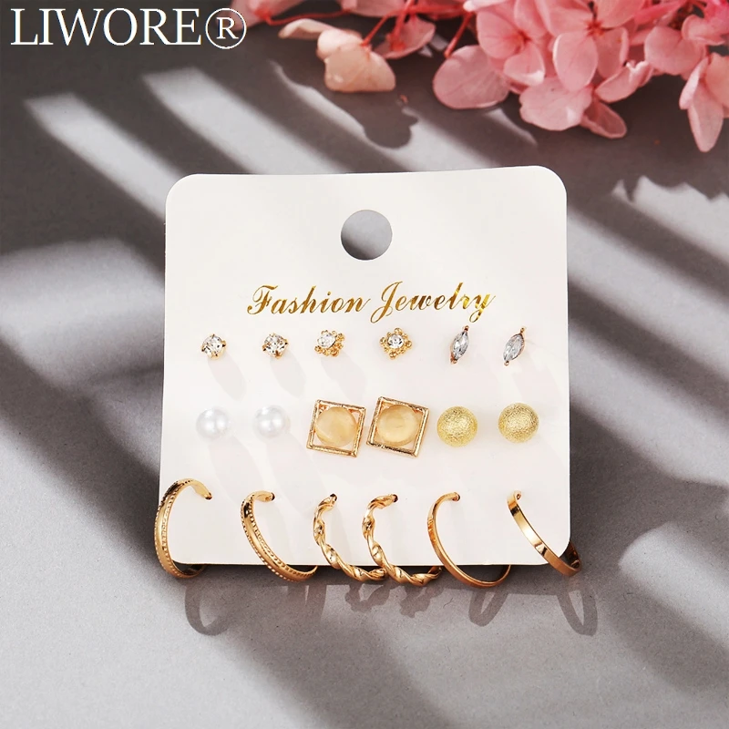 

Liwore Fashion White Pearl Stud Earrings Set For Women Geometric Gold Square Circle Hoop Earrings 2021 Trend Jewelry