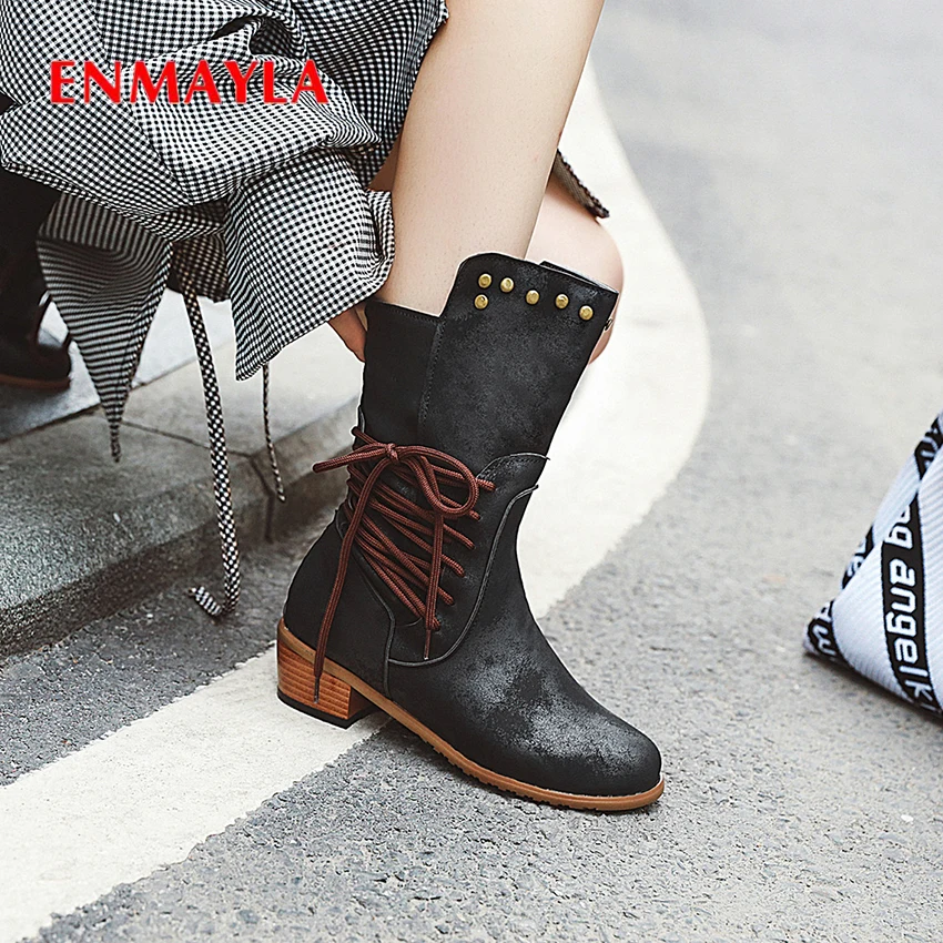 

ENMAYLA Med Flock Mid-Calf Motorcycle Boots Slip-On Round Toe Square Heel Boots Women Solid Short Plush Rivet Winter Woman Shoes