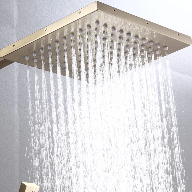 brushed gold thermostatic piano shower set quality brass waterfall bathroom mixer faucets wall rainfall digital shower mixer set free global shipping