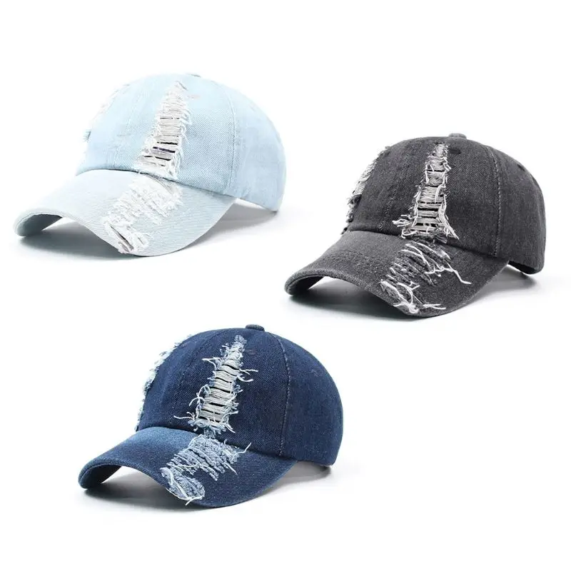 

Unisex Vintage Washed Denim Cotton Baseball Cap Distressed Ripped Hole Hip Hop Summer Casual Outdoor Adjustable Visor Hat